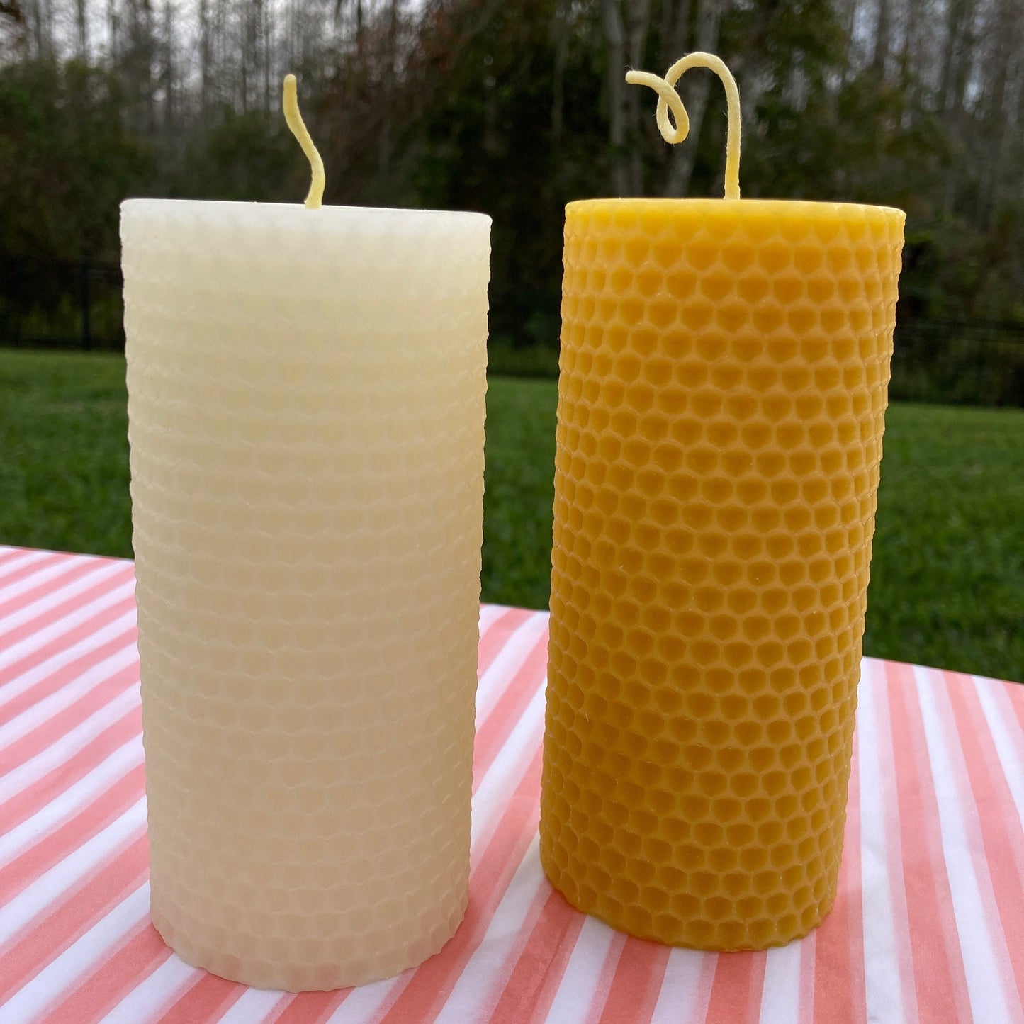 Honeycomb Beeswax Pillar Candle - Handmade With 100% Pure Beeswax - Hexagon Style - Yellow & Ivory Beeswax