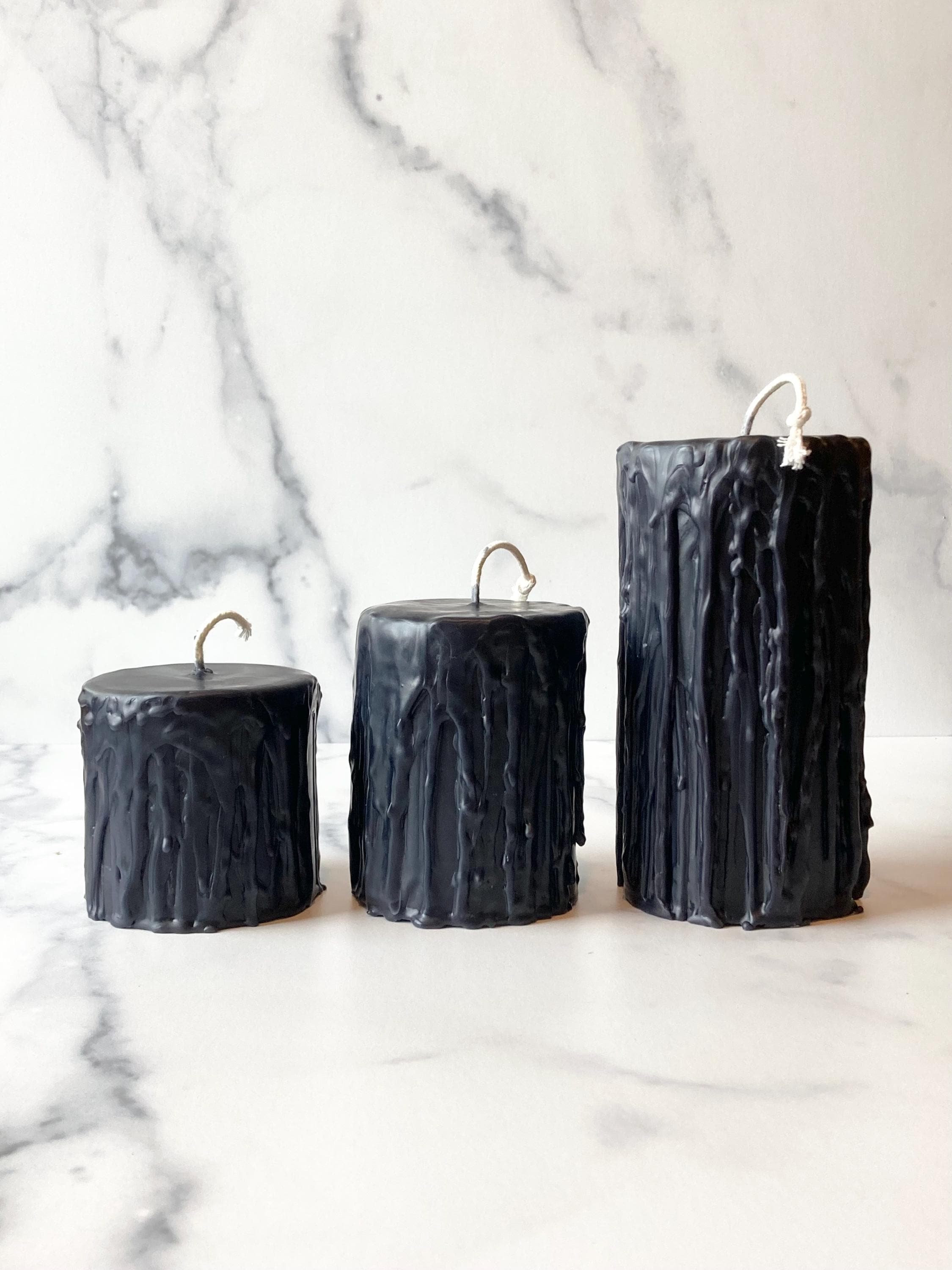 3 Pack Drippy Black Beeswax Pillar Candles 3 Inch Diameter - 3, 4, & 6 Inches Tall Spooky Halloween Fall Goth Home Decor. 100% Beeswax